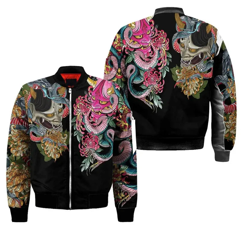 Spring Autumn Mens Bomber Jacket Samurai Oni Mask Tattoo 3D All Over Printed Zip Tracksuits Unisex Casual Zipper Jacket Clothing
