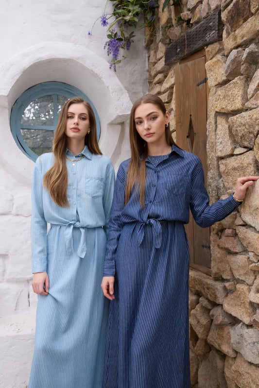 AS SS26 Lyocell light Denim pinstripe wrap shirt + dress matching set fashionable vitality women's outfit