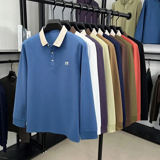Fashion luxury brand long sleeve polo shirt men's autumn new trend badge embossed design Korean casual silk cotton lapel T-shirt