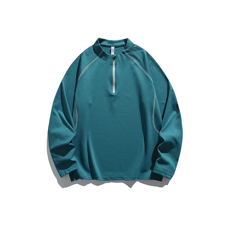 Unisex Quick-Dry UV-Protective Long-Sleeve Sports T-shirt with Half-Zip & Color Blocking Design Loose Fit for Outdoor Activities