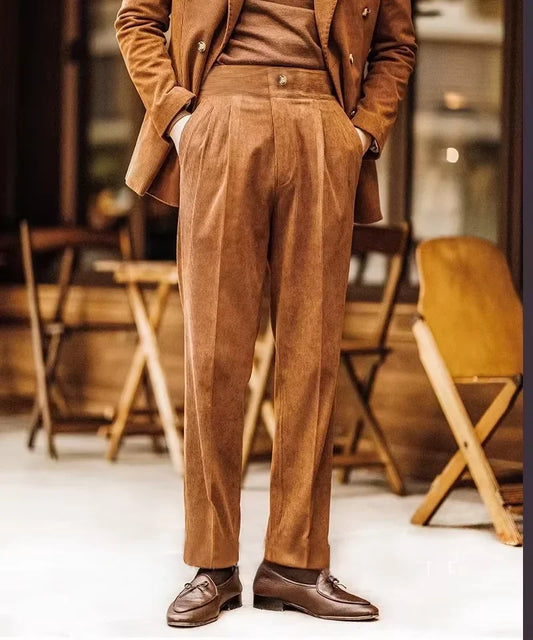 Men's Corduroy Slim Fit Suit Pants Solid Color Tall Fit for Autumn Winter Seasonal Wear Business Casual Trousers