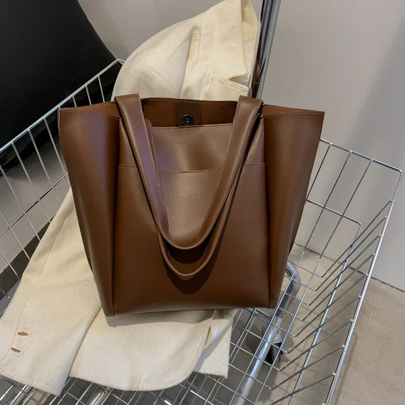 High Quality Soft Leather Woman Casual Tote Shopper Solid Color Handbags Large Capacity Single Shoulder Bag with Outer Pocket