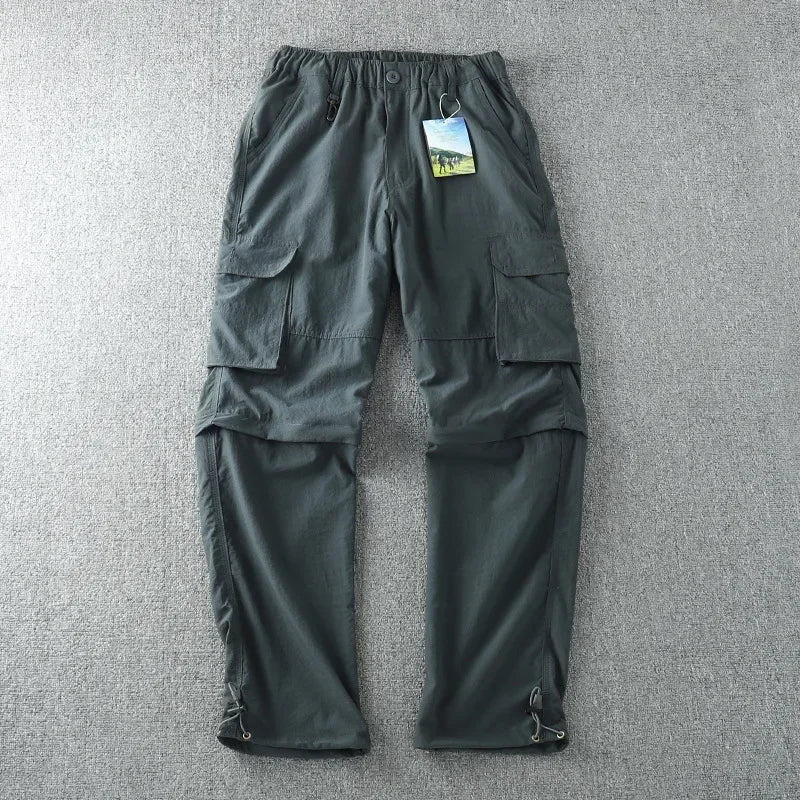 Men's Summer Cargo Pants Quick Dry Double Used Pants Elastic Waist Detachable Feet Loose Straight Waterproof Long Trousers
