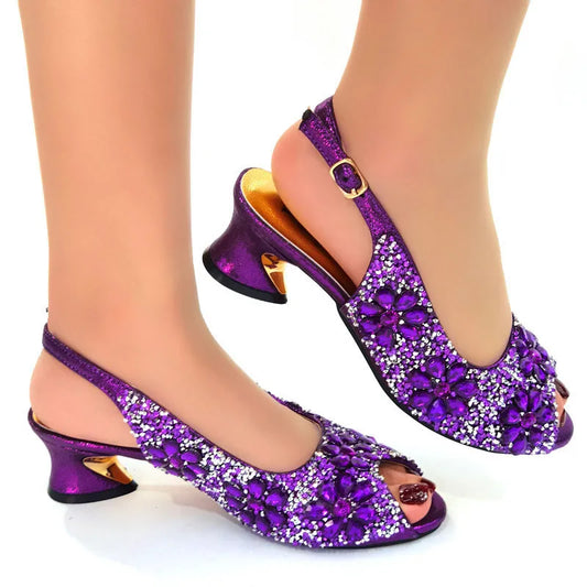 2022 Women's Party Sandals Fashion Full Diamond Flower Design Heel High 5CM Champagne Color Wedding Banquet Ladies Shoes