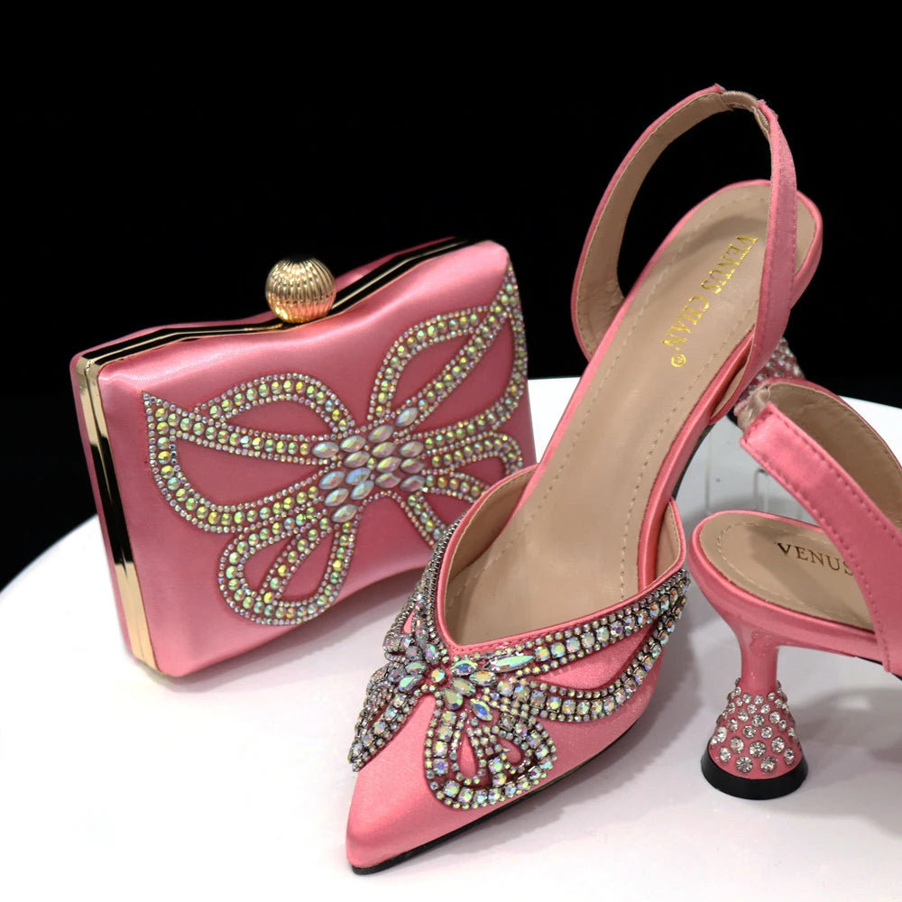 New Elegant Green Bling Bow Pointed Toe Pumps for Women 2024 Party italian Rhinestones shoes and bags matching set