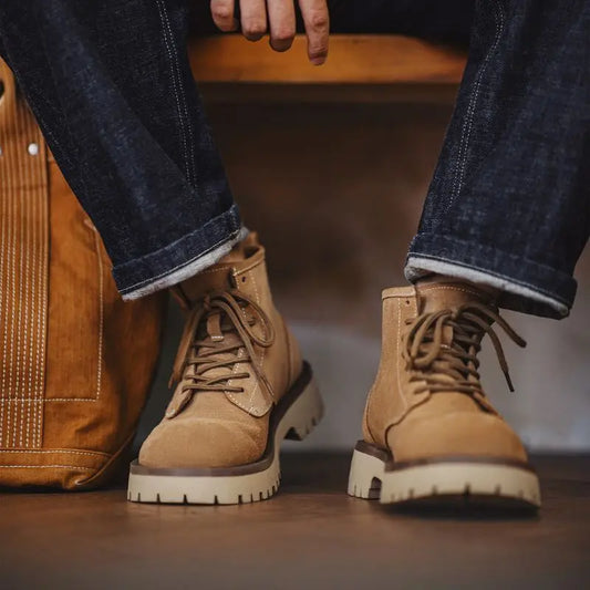Vintage Men's Cow Suede High-Top Boots Chunky Round Toe Work Desert Boots Lace-Up Ankle Boots for Fall Winter Casual Shoes