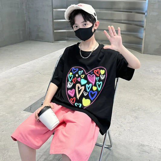 Summer Boys Suit Heart-Shaped Children Clothes Set for Kids Teenagers Casual Cotton T-shirt And Shorts 2 Pieces Tracksuit Child