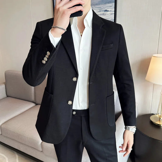 Autumn Winter New Fine Striped Woolen Suit Jacket Men Casual Business Slim Fit Party Dress Formal Wedding Fashion Suit Coat