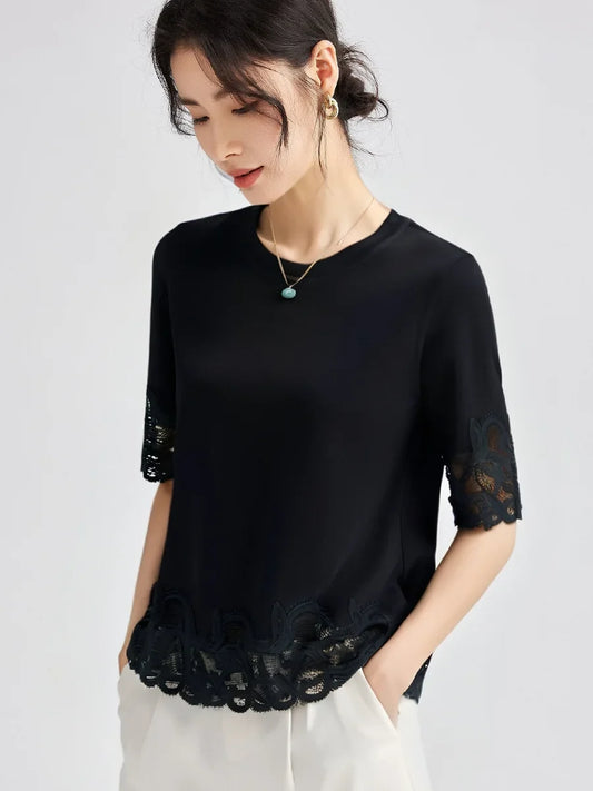 Women's Lace Trim Round Neck Short Sleeve T-Shirt 2025 Summer Slim Fit Casual Minimalist Solid Color Versatile Top