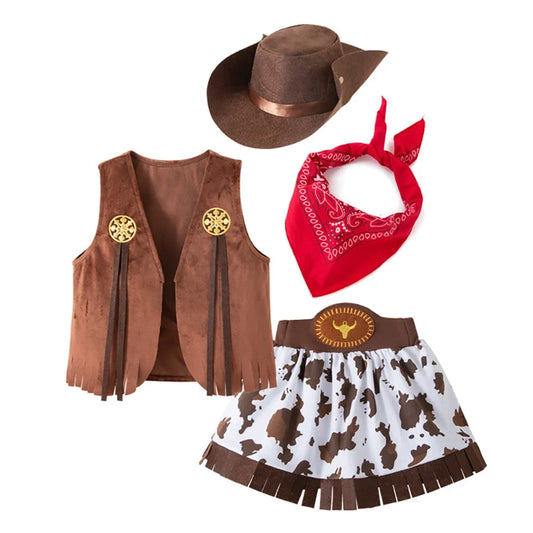 4/5 Pcs Set Girls Cowboy Role Play Skirt Clothes Vest Set Skirt Sets Kids Spring Autumn Halloween Cosplay Performance Costumes