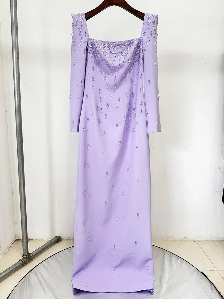 HIGH QUALITY Newest Fashion 2026 Designer Vestido Women's Square Collar Beading Diamonds Long Sleeve Maxi Dress