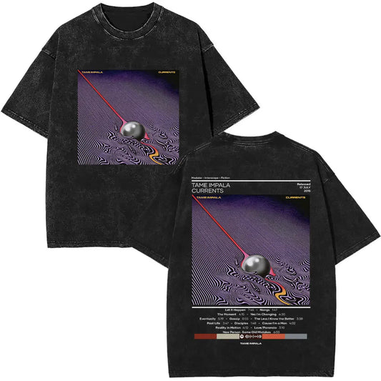 VintageWashed Pop Rock Band Tame Impala Currents Graphic Print T Shirts Men Women Casual Cotton Oversized Short Sleeve T-shirt