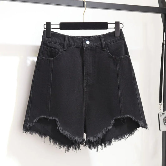 Summer High-waisted Denim Shorts Women Fur-trimmed Zipper Pocket 7XL Jeans Casual Fashion Loose Patchwork Short Pants