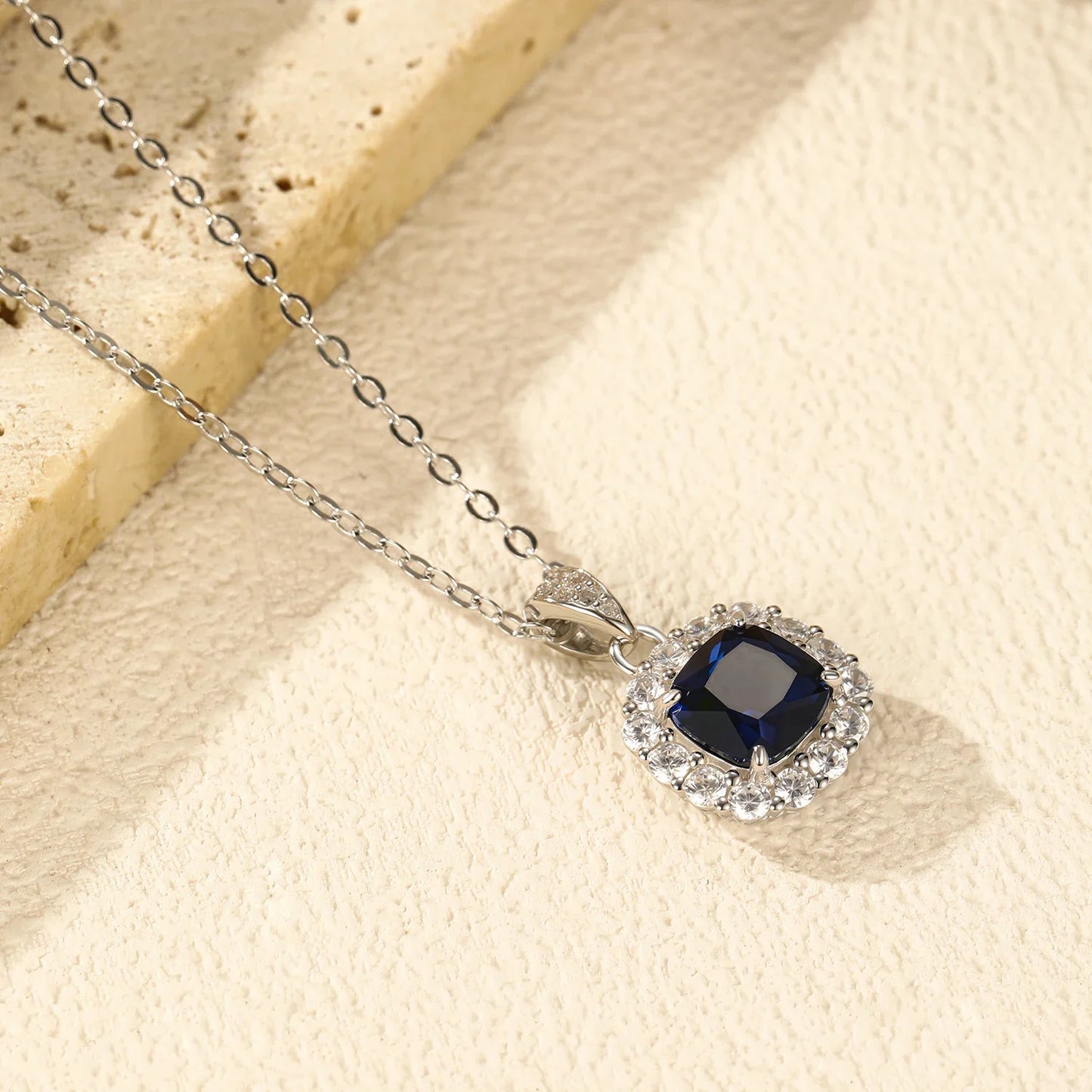 925 Sterling Silver Elegant Luxury Geometric Royal Blue Zirconia Pendant Necklaces For Women Anniversary Fine Jewelry