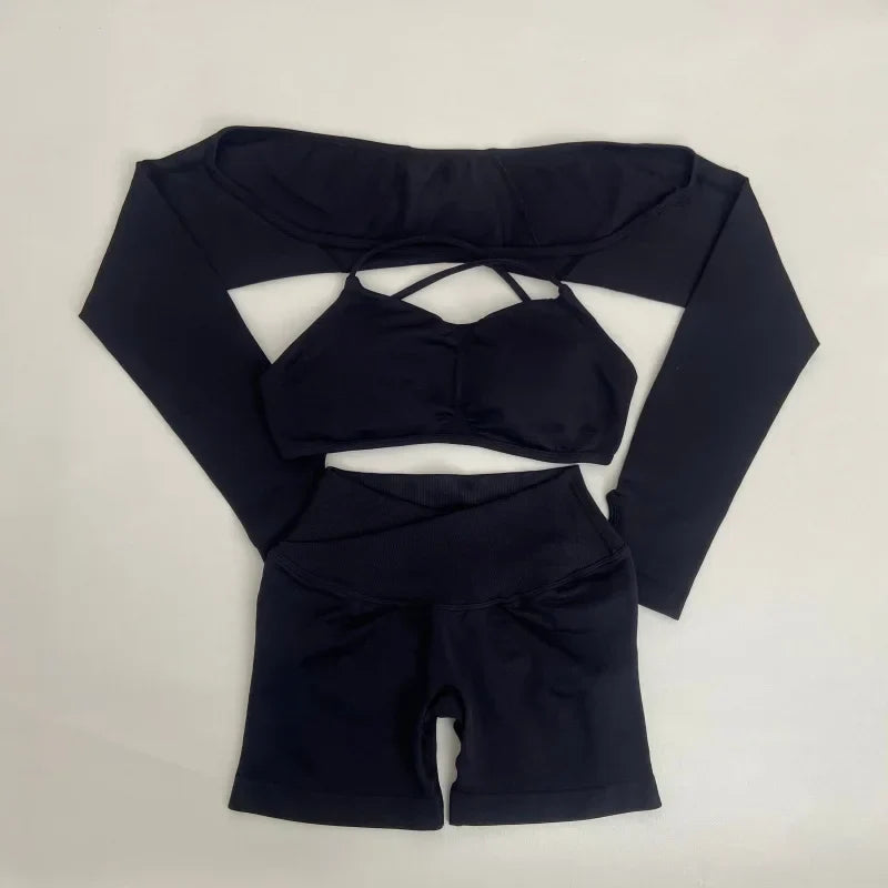 Yoga Vision Shrug 3 Pieces Top Leggings Gym Set Women's Seamless High Elastic Longline Vest Buttock lift Exercise Shorts Set