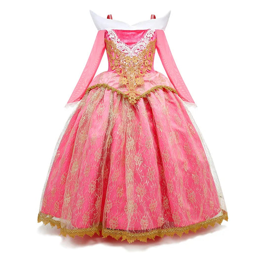 Exquisite Princess Ball Gown Sleeping Beauty Fairy Tale Costume Play Lace Gold Rim Deluxe Christmas Aurora Party Dress 2 4 6 8Yr