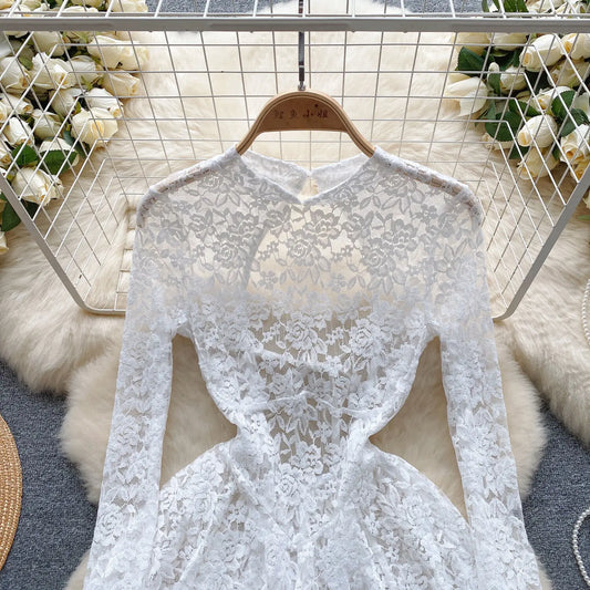 Women's Autumn Mesh Lace Hollow Out White Short Dress Women Micro Flare Sleeve See Through Translucent Sexy Girl's Mini Dress