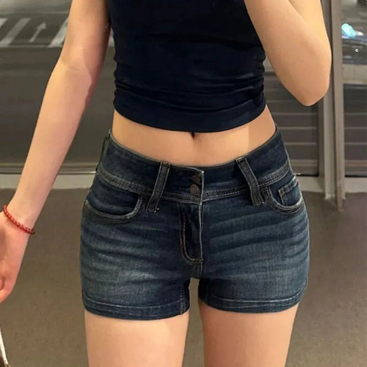 Retro Roll Up Hem Deep Blue Denim Shorts Women Summer Sexy Low Rise Hip Covering Hot Pants American Distressed Washed Jean Short