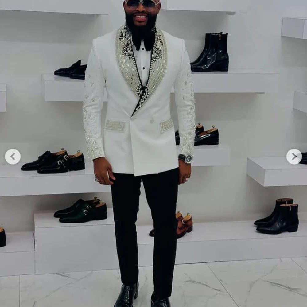 Luxury Beaded Crystals Suit Men For Wedding Customized 2 Pieces Groom Wedding Tuxedos Double Breasted Prom Blazers Costume Homme