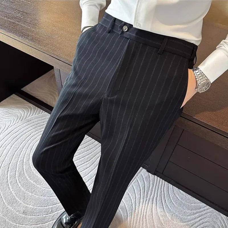 High Quality Striped Suit Pants 2025 Autumn New Fashion Slim Fit Business Elastic waisted Pants Male Wedding Party Trousers
