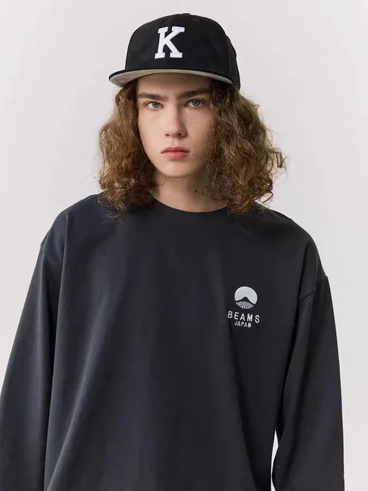 Autumn Limited Edition Japan Fuji Mountain Embroidered Loose Couple Men Women Long Sleeve T-Shirt Cotton Casual O-Neck Tops