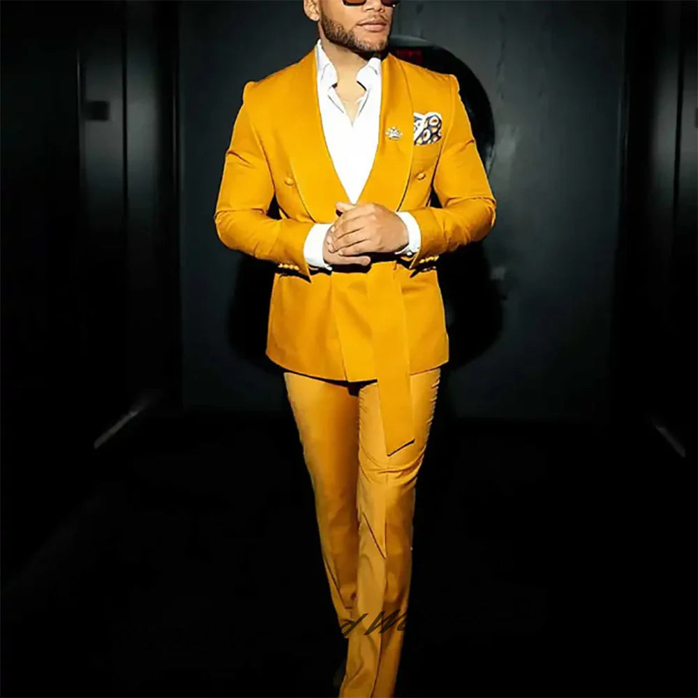 Modern Men's Wedding Double-Breasted Suit Shawl Lapel Tuxedo Groom Wear 2 Pcs Jacket+Pants Formal Business Evening Party Outfit