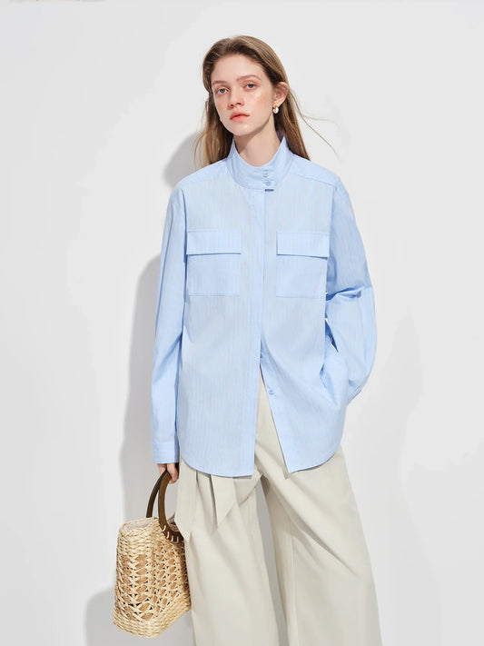 2026 Spring Women's Relaxed Fit Stand Collar Shirt Soft Touch Oversized Blouse White Blue Healing Commute Minimalist Style