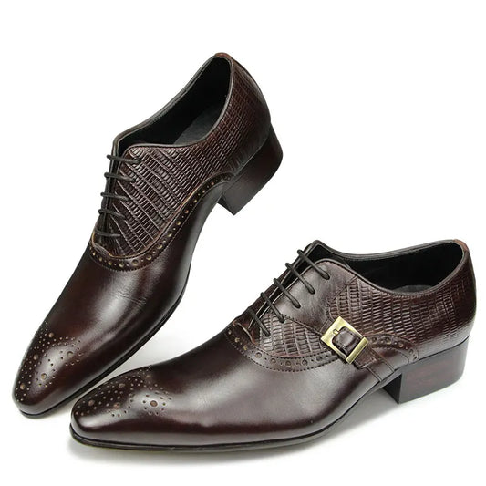 Deluxe Genuine Leather Brogue Shoes Formal Oxford Lace-up Dress Shoes Handcrafted Male Business Office Man Side Metal Buckl
