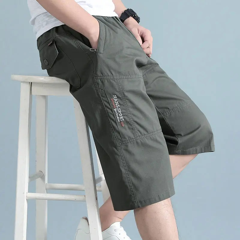 Men Cropped Cargo Shorts Men's Casual Sports Pants Zipper Pocket Summer Cotton Shorts Running Jogger Shorts Elastic Waist