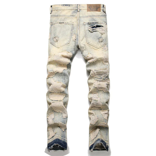 Summer Worn and Scratched Jeans Men's Small Feet Perforated Pockets Ragged Edges Long Pants Slim Fit Printing High Street Tide 2