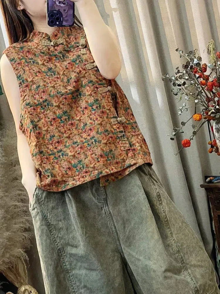 Summer Arts Style Women Sleeveless Single Breasted Loose Vest Vintage Floral Print Cotton Linen Vests Coats High Quality TY89