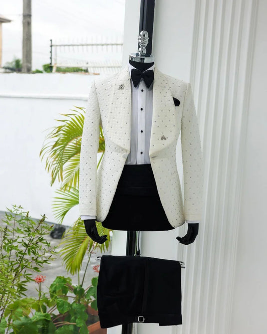 Men's Suit 2 Pieces White Blazer Black Pants One Button Wide Lapel Business Beads Formal Work Wear Wedding Groom Costume Homme