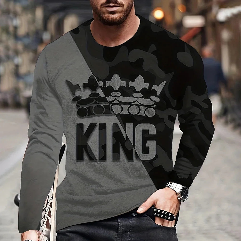 Vintage King King 3D Printed Summer Men's Round Neck T-Shirt Casual Long Sleeve Oversized T Shirt Fashion Pullover Menswear