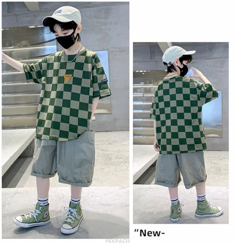 Boys 2 Piece Summer Set Child Clothes Outfits Pliad T-shirt Shorts Cotton Suit Teenager Kids Luxury Clothing Set Tracksuit 5-14Y