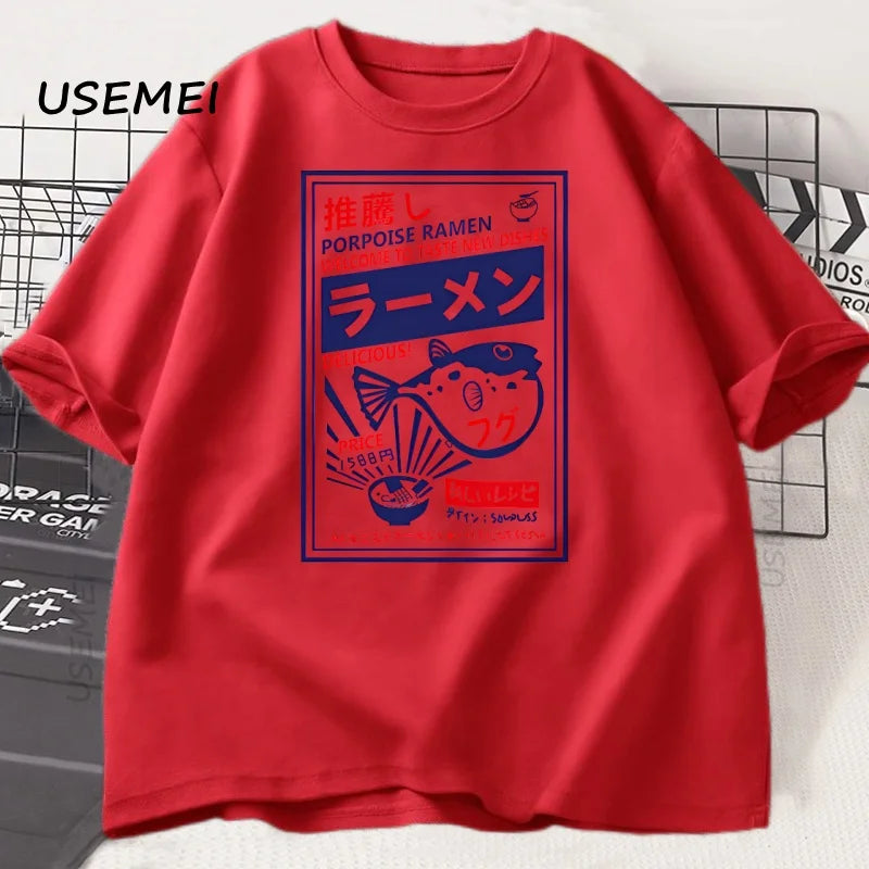 Vintage Fugu Puffer Fish Ramen T-Shirts Japanese Style Cotton Short Sleeve T Shirt Summer Crewneck Loose Tshirt Mens Clothing