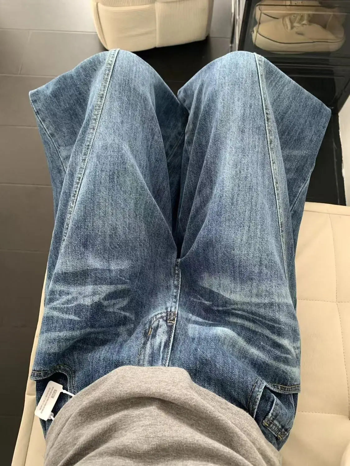 Chic American Street Style Vintage Curved Hem Jeans Women Edgy Design Loose Fit Slimming Wide Leg Floor Length Denim Pants