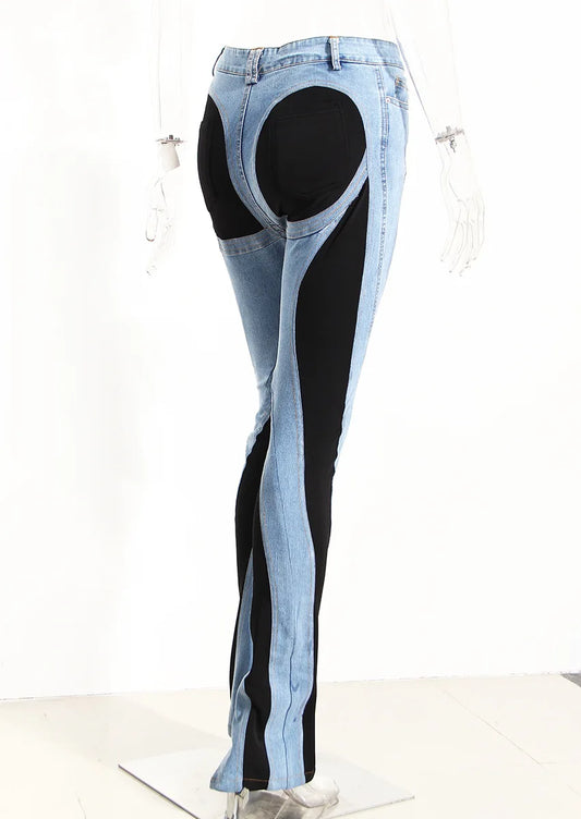 Jeans Women Pencil Pants 2023 Fashion High Waist Contract Color Patchwork Split Long Denim Pants Elastic Skinny Trousers