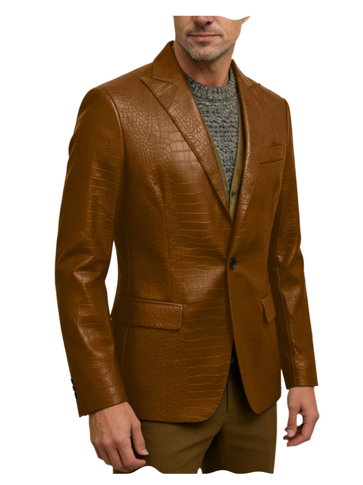Vintage Men's Crocodile Embossed Leather Blazer Notch Lapel 1 Button Jacket Business Casual Formal Luxury Coat With Flap Pockets
