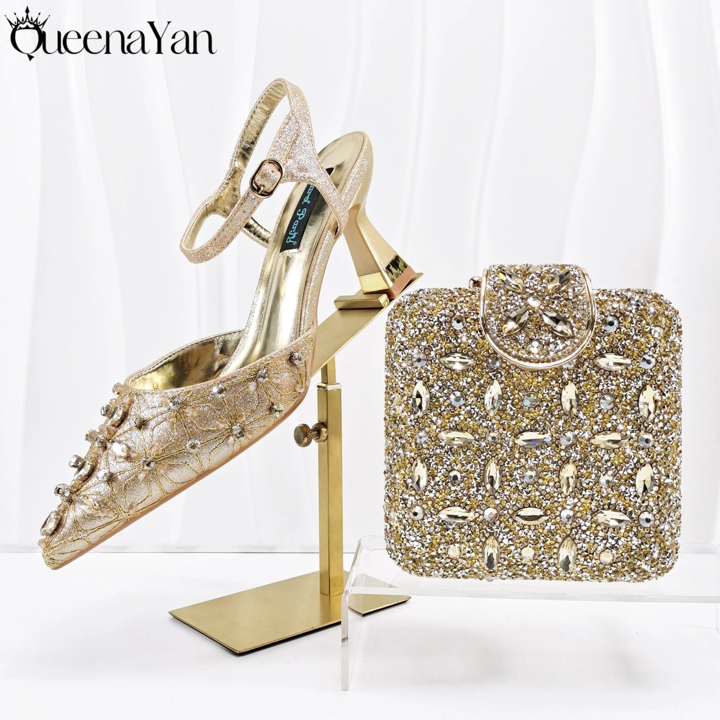 Elegant Full High Quality Diamond Design Olive Color Italian Women's Shoe and Handbag Set for Weddings and Special Occasions