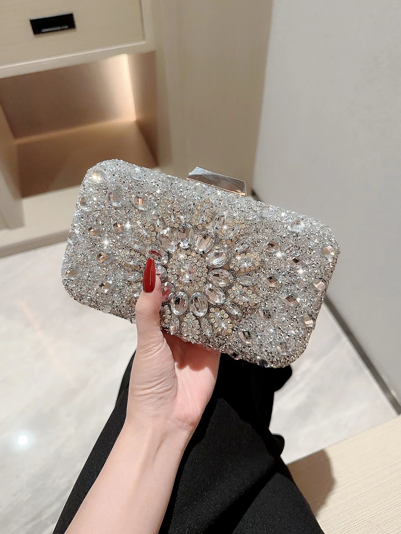 Popular evening bag, shiny rhinestone diamond clutch bag, dress bag, evening bag, chain bag, classy square box bag for women