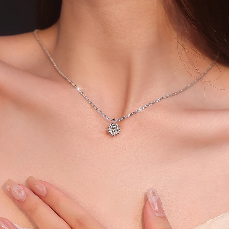 Real Moissanite Diamond 6 Prong Pendant Necklace 925 Sterling Silver Sparkling Cauliflower Chain for Women Wedding Fine Jewelry