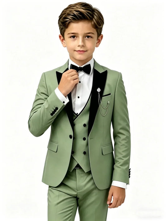New Green Boys Suits 4 Pieces For Birthday Party Handsome Velvet Collar Kids Slim Fit Suit Set Wedding Ring Bearer Outfit 3-14T