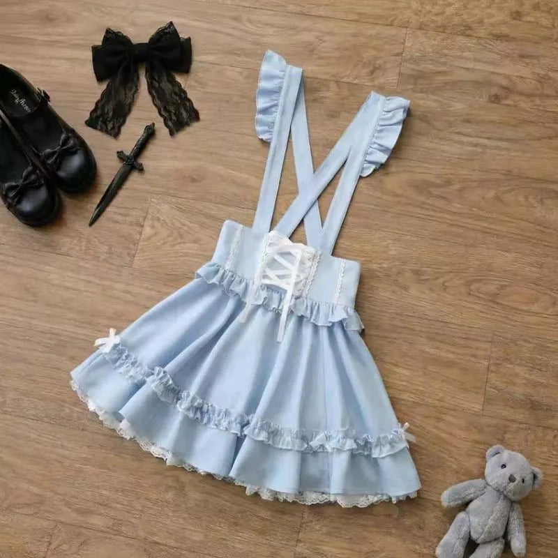 Summer Lolita Ribbon Tatt Lace Overall Skirt Women Subculture Japanese Jirai Kei Mine Style Y2k 2000s Casual Girly Belt Pinafore