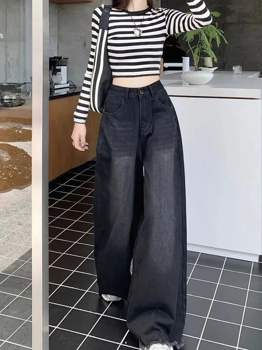 Elegant Chic American Vintage Black Wide Leg Jeans Women High Waist Loose Fit Slimming Draping Raw Hem Floor Length Denim