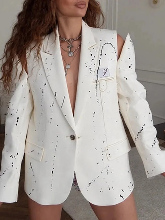 Ink Splashing Print Fashion Blazer for Women Notched Collar Long Sleeve Hollow Out Design Loose Coat Female Autumn