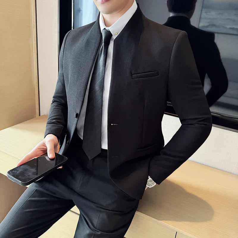 Waffle New Chinese Stand-Up Collar Suit Coats Men Slim Fit Business Casual Fashion Suits Jacket Formal Social Prom Party Tuxedos