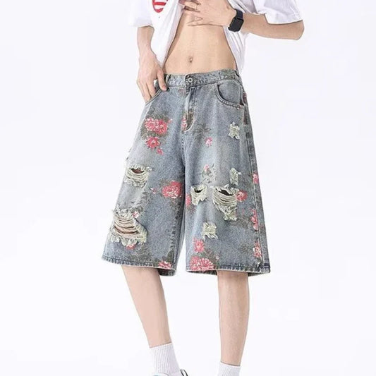 2025 Mens Rose Print Distressed Denim Shorts Summer Baggy Ripped Jeans Five Inch Cargo Shorts Y2K Streetwear Vintage Hip Hop