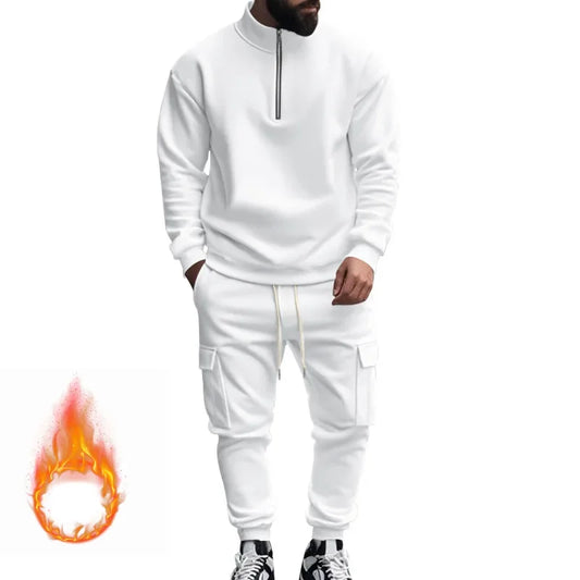 2024 autumn and winter men's casual velvet warm zipper sports trousers set