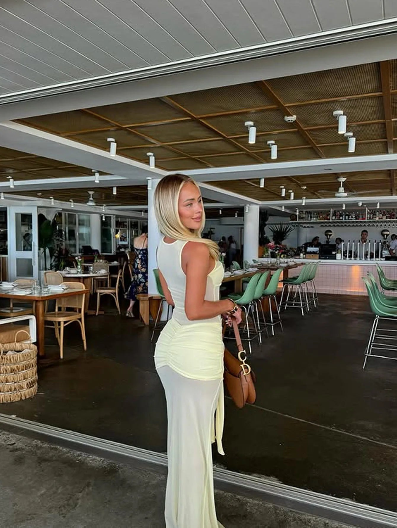 Women's fashion Pale Yellow Sheer Mesh Maxi Dress with Twist Front & Self-Tie Waist,Back to School,Fall Dresses For Women