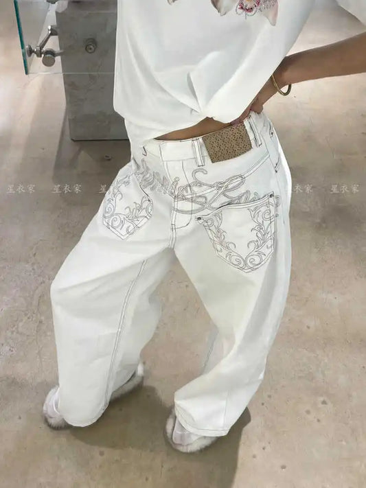 Women Embroidery Baggy Jean Japanese Y2K Streetwear Harajuku Denim Pants Hip-pop 2000s Wide Leg High Street Cyber Punk Tomboy